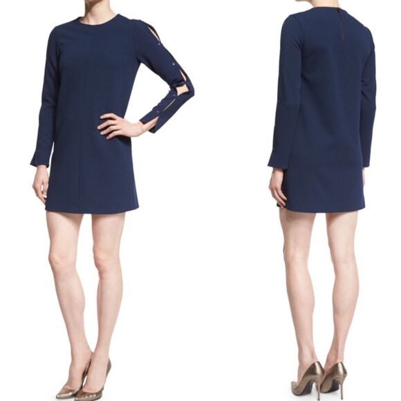 Tibi Structured Crepe Navy Blue Shift Dress Long Studded Sleeves Mini Cocktail 2 - Picture 2 of 14
